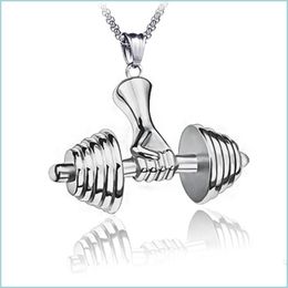 Pendant Necklaces Gym Sport Hand Weight Lifting Dumbbell Pendant Necklace Retro Stainless Steel Necklaces Chains Hip Hop Fashion Jew Dhbur