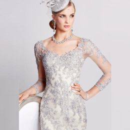 Mother of the Bride dresses long sleeves in short silver-toned lace low-cut neckline knee 2022 large size NEW IN