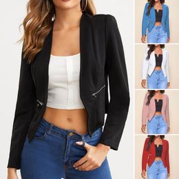 Women's Suits Long Sleeve Irregular Hem Zipper Pockets Women Blazer Office Work Open Stitch Cardigan Chic Solid Colour Short