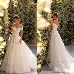 Elegant A-line Wedding Dresses Strapless Off the Shoulder 3D-Applicant Layered Stain Tulle Chapel Gown Custom Made Plus Size Bridal Dress Vestidos De Novia