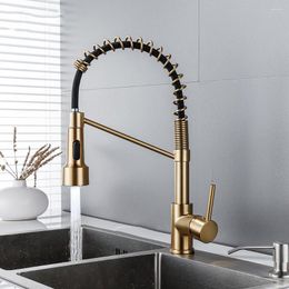 Kitchen Faucets 1PC Brass Brushed Gold Faucet LED Light American Spring Swivel And Cold Mixer Tap With 2 Hoses