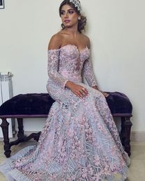 2023 Sexy Arabic Evening Dresses Wear Off Shoulder Keyhole Grey Silver Lace Pink 3D Floral Flowers Crystal Beads Mermaid Long Sleeves Custom Plus Size Prom Gowns