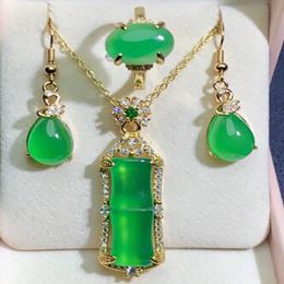 Natural agate high ice green chalcedony 925 silver inlaid ring earrings necklace 3-piece set