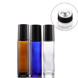 Thick 10ml Glass Roll on Bottles Amber Blue Clear Empty roller ball perfume bottles With Black Lids LX9326