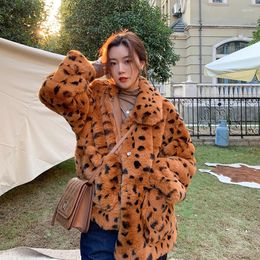 Women's Fur Winter Faux Coat Women Korean Casual Thicken Warm H Short Jacket Female Turn-down Collar Leopard Print Overcoat K126