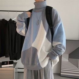 Mens Sweaters Fashion Turtleneck Knitted Spliced Allmatch Asymmetrical Sweater Men Clothing Autumn Casual Pullovers Loose Warm Tops 221115