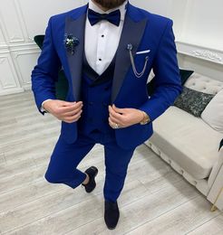 Three Pieces Royal Blue Man Wedding Tuxedos 2022 Black Shawl Lapel Waistcoat Satin Slim Men Formal Party Suits Handsome Elegant Groom Suits Coat Pant Vest