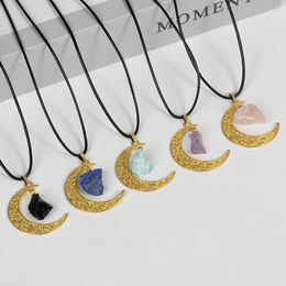 Gold Hollow Moon Irregular Ore Rough Stone Pendant Tiger Eye Stone Agates Raw Healing Crystal Quartz Necklaces Jewellery Making