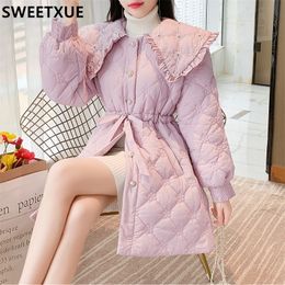 Womens Down Parkas SWEETXUE Women Kawaii Pan Peter Collar Rhombus Heavy Beaded Cotton Jacket Korean Elegant Sweet Fairy Female Clothing 221115