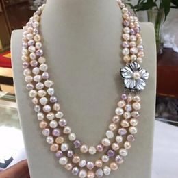 NEW 3row 8-9mm Baroque White Pink Purple multicolor Freshwater Pearl Necklace 17-inches shell flowers clasp