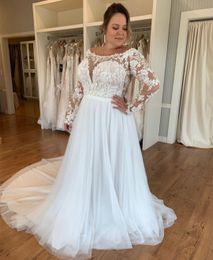 Plus Size Wedding Dress A-Line Long Sleeve Floor Length Sweep Train Chiffon Pleat Bridal Gown Big Robe De Mariee For Women