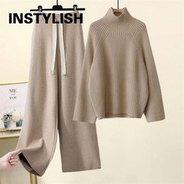 Womens Two Piece Pants Women Sweater Suit Autumn Winter Turtleneck Knitting and Wide Leg Sets Elegant Loose Jumpers Oversized Pullover 221115
