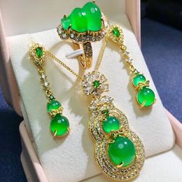 Natural chrysoprase 925 silver gold-plated inlaid necklace ring earrings gourd set of 3 women's gifts