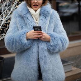 Women's Fur Winter Faux Jacket Ladies Blue Long Sleeve Korean Lapel Bodywarmer Abrigos Mujer Invierno