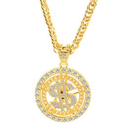 Men Hip Hop Bling Crystal Rotatable Dollar Pendant Necklace Luxury Iced Out Rhinestone Cuban Chain Necklaces Punk Jewelry