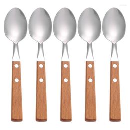 Dinnerware Sets 5Pcs Stainless Steel Spoons Wooden Handle Dessert Scoops Stirring Espresso Coffee Tea Spoon Tasting Appetizer