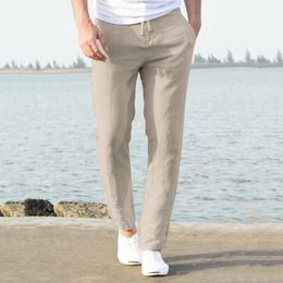 Men's Pants Top Quality Summer Casual Natural Cotton Linen Trousers White Elastic Waist Straight Pant 221116