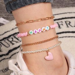 Anklets Sweet Pink Heart Pendant Anklet Cute Letter HAPPY Pearl Metal Chain Girl Student Foot Bracelet Summer Soft Clay Set