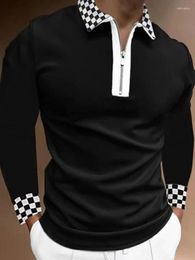 Men's T Shirts Spring Autumn Men Long Sleeve Lapel T-shirts Fashion Slim Striped Plaid Black White Stitching Street Casual Man T-shirt