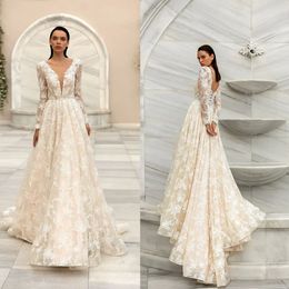 Elegant A-line Wedding Dresses V-Neck Long Sleeves Backless Lace Up 3D-Applicant Layered Stain Tulle Court Gown Custom Made Plus Size Vestidos De Novia