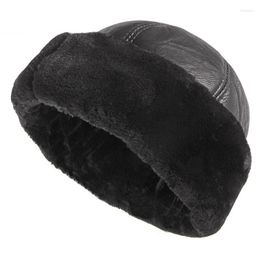 Berets Thick Warm Winter Hat Men Black Fur Leather Russian Bomber Male Windproof Snow Ski Headgear Cap Fleece Lined Dad