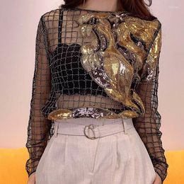 Women's Blouses Women Luxury Perspective Lion Embroidery Checked Sequined Bottoming Shirts Mesh Spliced Beaded Blouse Long Sleeve Tees Crop