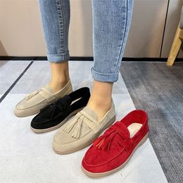 Dress Shoes Boots 2023 Suede Flat Shoes Women Slip On Loafers Leather Fringe Decor Causal Summer Walk Mules Spring 221116