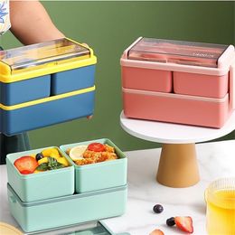 Double-Deck Bento Box With Tableware Japanese Style School Work Microwaveable Sealed Split Plastic Lunch Boxes Kitchen Food Storage Container Sea Shipping RRA564