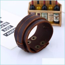 Bangle Punk Wide Ding Leather Bangle Cuff Mtilayer Wrap Button Adjustable Bracelet Wristand For Men Women Fashion Jewellery Drop Deliv Dhk6P