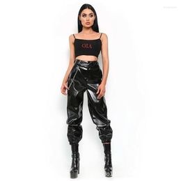 Women's Pants Autumn Winter PU Leather For Women Street Fashion Loose High Waist Glossy Black Faux Chain Sexy Trousers