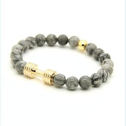 Charm Bracelets Wholesale Real Gold Platinum Plated Metal New Barbell 8Mm Grey Picture Jasper Stone Fitness Fashion Dumbell Bracelet Dhhwc