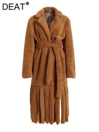 Women's Wool Blends DEAT Fashion Lamb Coat Lapel Loose Lace Up Wait Long Sleeve Hem Tassel Plush Overcoat Winter 17A1501H 221117