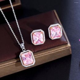 Necklace Earrings Set CWWZircons Bling Pink Cubic Zirconia Crystal Rectangle Pendant And Trendy Women Gift T670