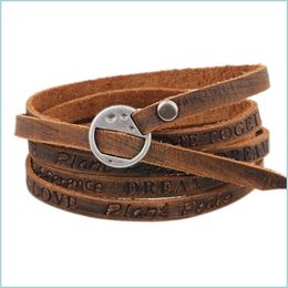 Charm Bracelets Mtilayer Genuine Leather Bracelet Women Men Bracelets Letter Dream Love Peace Be Inspirational Fashion Jewellery Drop D Dhb8E