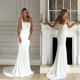 Elegant Mermaid Wedding Dress Unique Neckline Design Thin Shoulder StrapLace Applicant Satin Court Gown Plus Size Simple Bride Gown Vestidos De Novia
