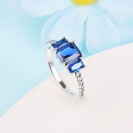 925 Sterling Silver Blue Rectangular Three Stone Sparkling Ring Fit Pandora Jewelry Engagement Wedding Lovers Fashion Ring For Women