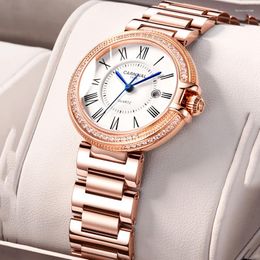 Wristwatches 2023 Watch For Women CARNIVAL Fashion Ladies Rose Gold Calender Waterproof Full Steel Strap Relogio Feminino
