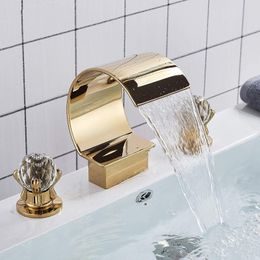 Bathroom Sink Faucets Gold Faucet 3 Hole Dual Crystal Knobs Widespread Holes Vanity Basin Mixer Tap Bathtub Filler Waterfall