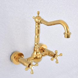 Kitchen Faucets Polished Gold Colour Brass Wall Mounted Double Cross Handles Bathroom Sink Faucet Mixer Tap Swivel Spout Asf622