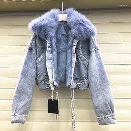 Women's Fur Real Collar Thick Warm Denim Jacket Female Winter Detachable Liner Bandage Stitching Coat F2153