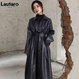 Women's Leather Faux Lautaro Autumn Long Black Cool PU Trench Coat for Women Belt Single Breasted Loose Korean Fashion Wholesale Clothes 221117