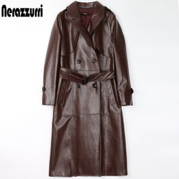 Women's Leather Faux Nerazzurri Spring Brown Long black faux leather trench coat for women long sleeve belt Double breasted womens fall fashion 7xl 221117