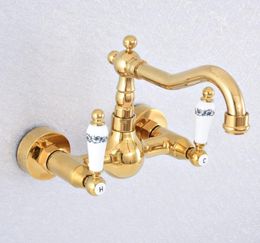 Kitchen Faucets Polished Gold Colour Brass Wall Mounted Double Ceramic Handles Bathroom Sink Faucet Mixer Tap Swivel Spout Asf609