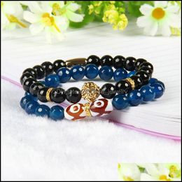 Beaded Top Quality Jewellery Wholesale 8Mm Faceted Blue And Black Agate Stone Beads With Pvd Plated Lion Head Bracelets For Men Drop De Dhzzt