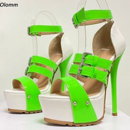 Olomm Handmade Women Summer Platform Sandals Buckle Strap Stiletto Heels Open Toe Gorgeous Green Dress Shoes Size 35 47 45 52