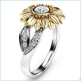 Cluster Rings Cubic Zirconia Flower Sunflower Ring Cluster Gold Diamond Engagement Rings For Women Fashion Jewellery Drop Delivery Dhzjq