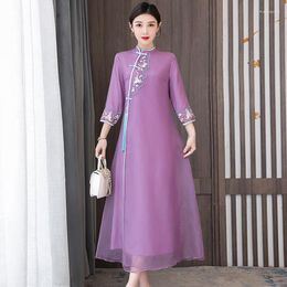Ethnic Clothing 2022 Chinese Traditional Chiffon Embroidery Elegant Hanfu Qi Pao A Line Art Dress Fairy Women Graceful Cheongsam A655