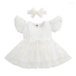 Girl Dresses Baby Girls Princess Dress With Headband Round Neck Sleeve High Wasit Patchwork Sunflower Print Mesh Sets