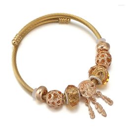 Charm Bracelets Gold Colour Stainless Steel Bangle DIY Feather Beads For Women Men Fashion Brand Jewellery Gift Style