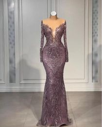 2023 Arabic Prom Dresses Dusty Pink Luxurious Beaded Crystals Illusion Long Sleeves Off Shoulder Evening Dress Lace Appliques Mermaid Formal Party Gowns